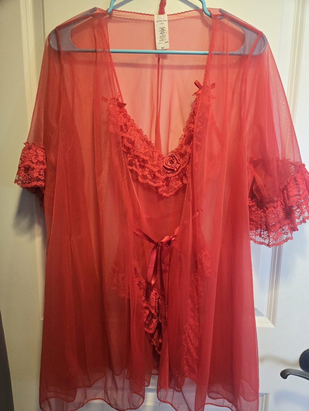 Style & Co. Sheer Red Lace Robe & Chemise Set